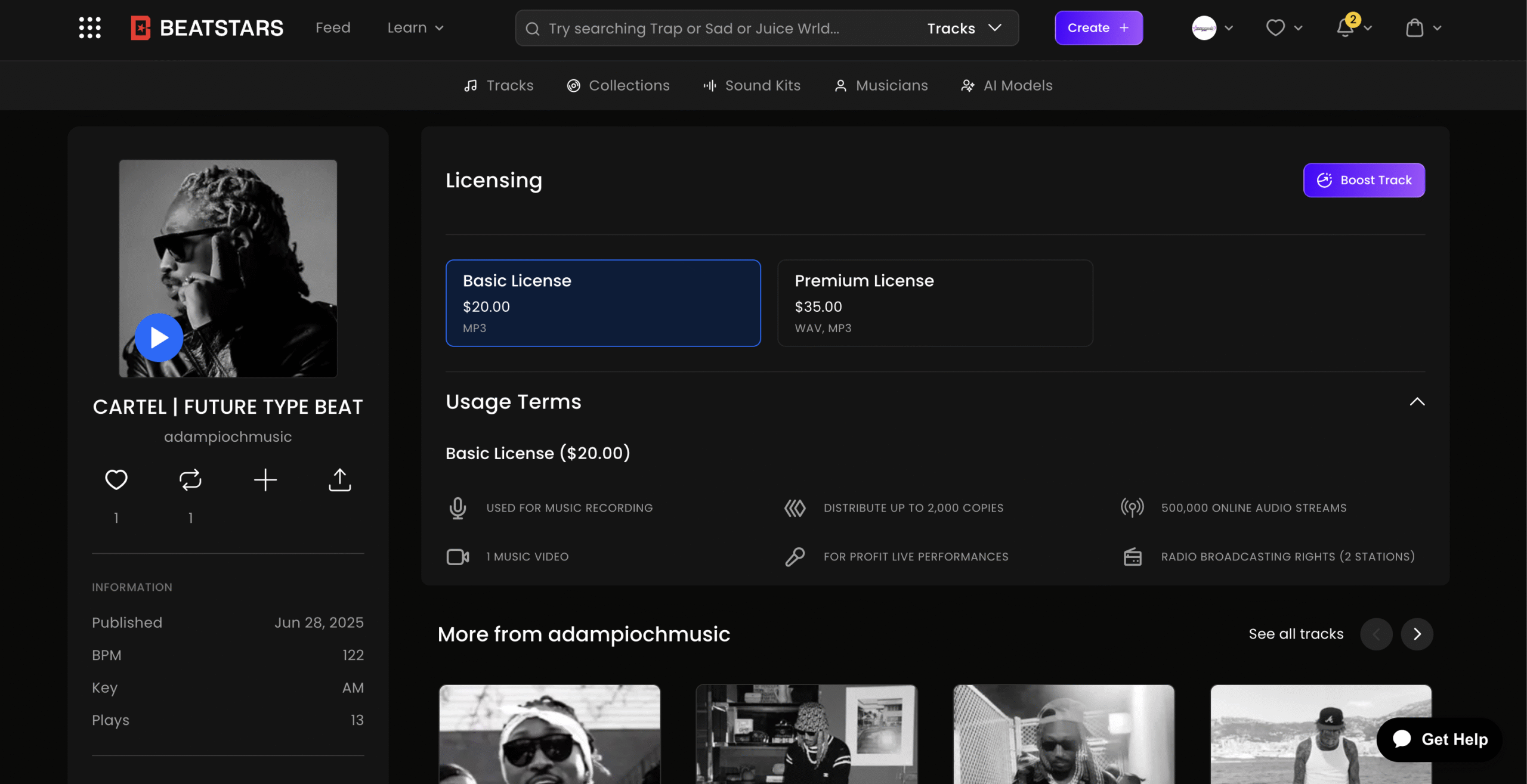 A pricing table with four columns for beat licenses: MP3, WAV, Track Stems, and Full Monetization. Each column lists the price and specific usage rights, such as stream limits and whether trackout files are included.