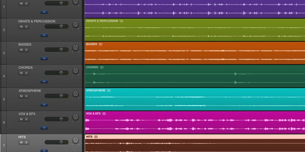 track stems of a music production project