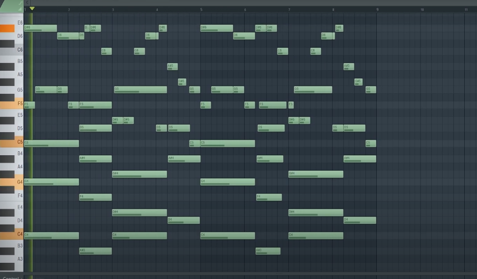 A detailed piano roll screenshot showing a layered melody and harmony pattern. Notes are stacked vertically to form chords (harmony) and sequenced horizontally to create the lead melody.