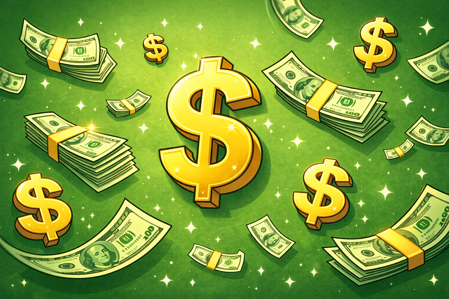 Vibrant green illustration of gold dollar signs and stacks of cash to represent music production revenue and beat selling profit.