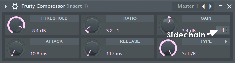 FL Studio Fruity Compressor VST showing Threshold, Ratio, Attack, and Release knobs used to control the dynamics and punch of a track.