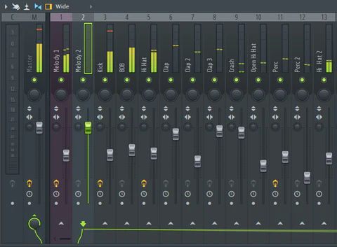 FL Studio Mixer showing channels for Melody, Kick, 808, Hi Hat, and Clap with volume faders and pan controls for mixing beats.