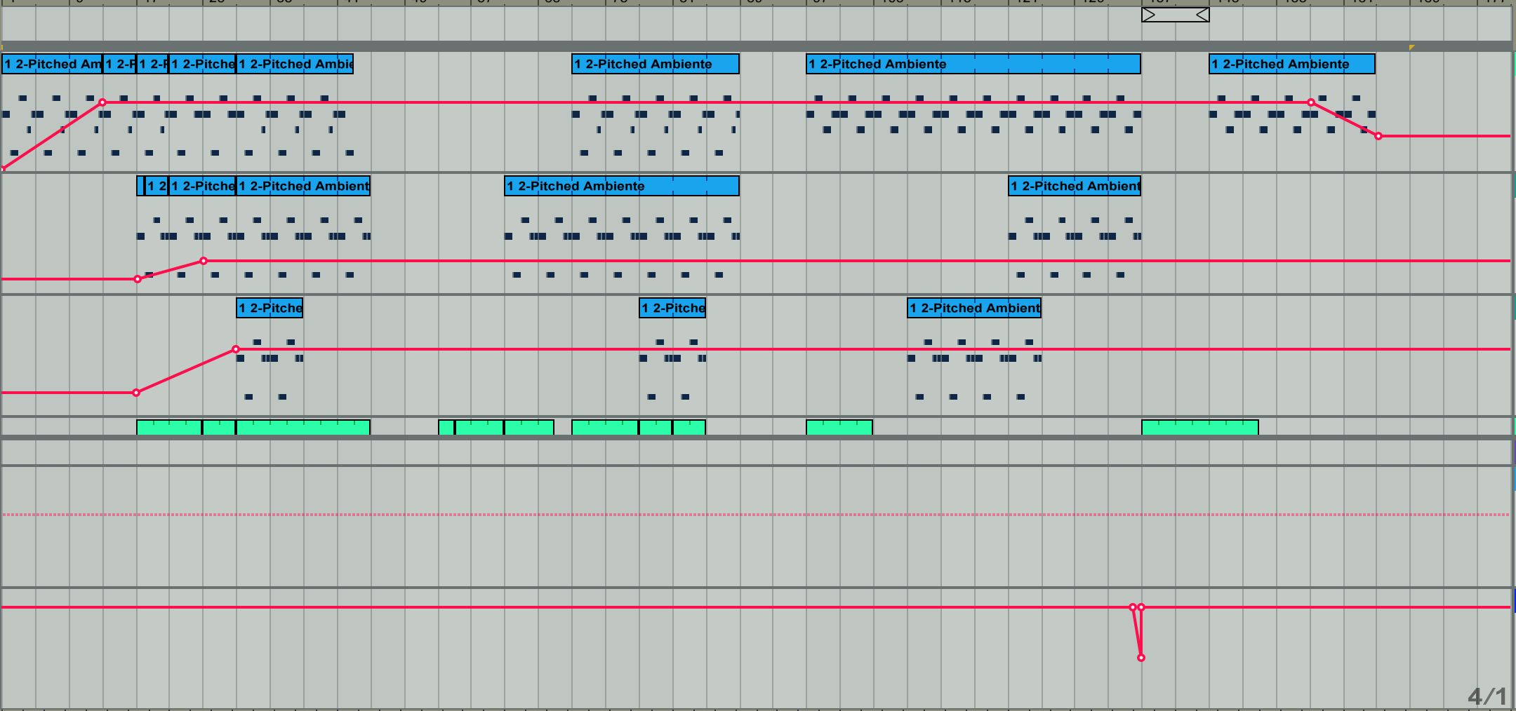 A detailed MIDI piano roll arrangement in a DAW featuring pitched ambient melodies and automation lines for music production.